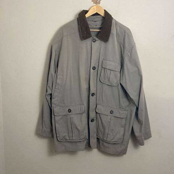 Men’s Khaki Cotton Chore Coat Brown Corduroy Collar size L Utility Streetwear - Picture 1 of 9